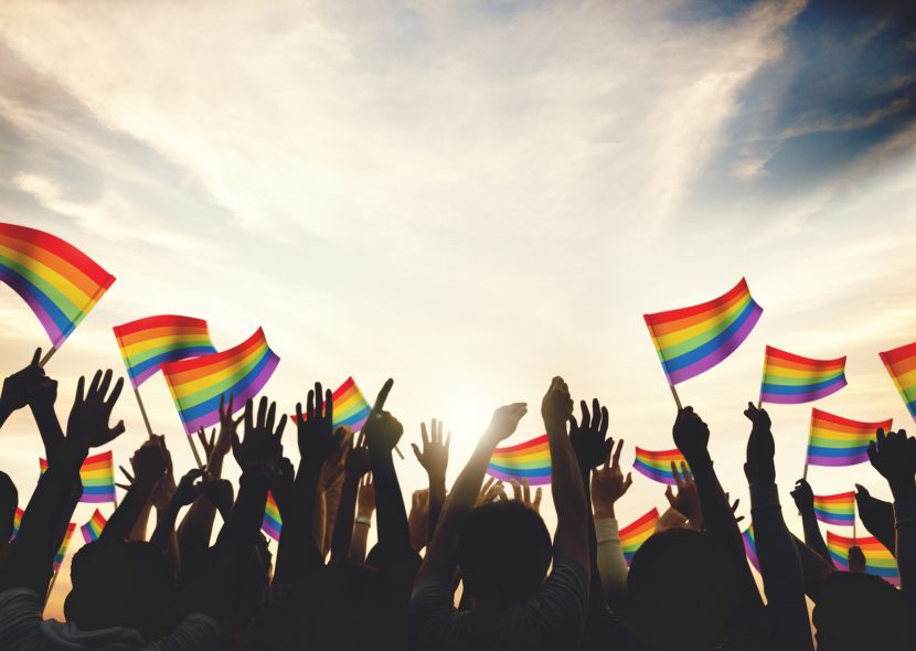 A crowd with LGBT rainbow flags