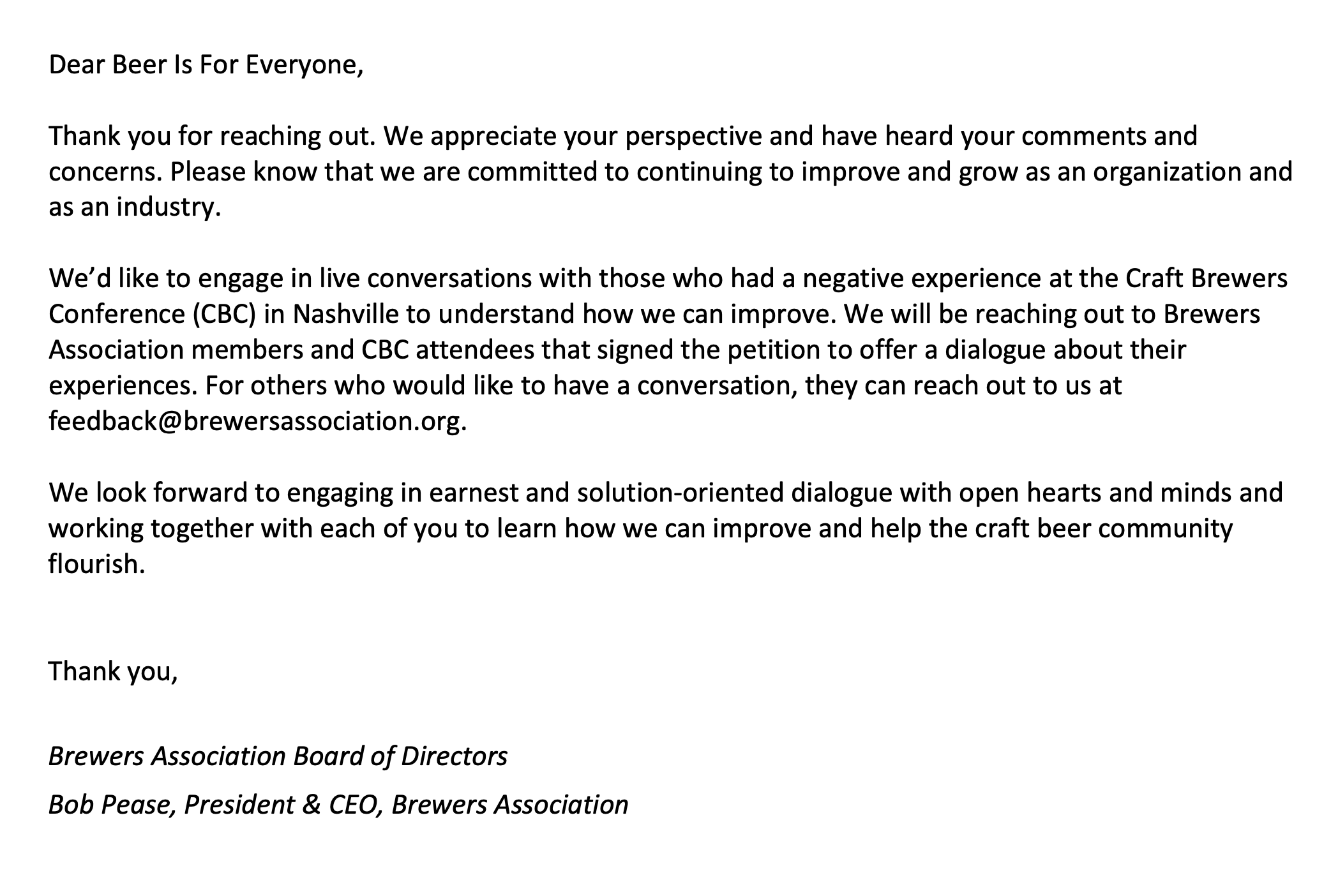 Brewers Association's Official Response 